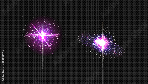 Purple sparkler sticks set isolated on transparent background. Vector realistic illustration of bright burning firework lights, New Year, birthday, anniversary celebration party, magic festival