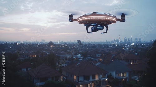 A drone flying over a suburban area at dusk, capturing aerial views of the neighborhood.