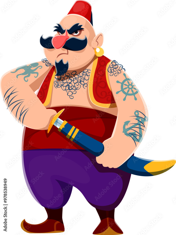 Cartoon Turkish pirate sailor character holding a sword. Isolated vector corsair personage is adorned with tattoos, a mustache, and traditional vibrant attire, exudes a sense of adventure and boldness Cartoon Turkish pirate sailor character holding a sword. Isolated vector corsair personage is adorned with tattoos, a mustache, and traditional vibrant attire, exudes a sense of adventure and boldness