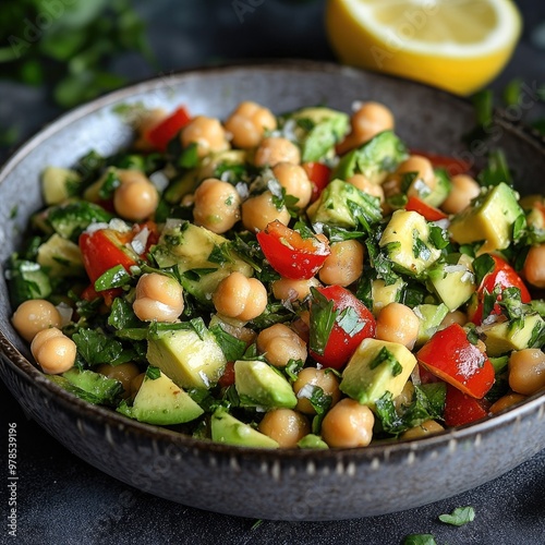 Fresh and colorful chickpea salad with diced vegetables, herbs, and a hint of lemon, perfect for healthy meals. photo