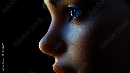 A close-up view of a realistic mannequin's profile, highlighting detailed features and captivating lighting effects.