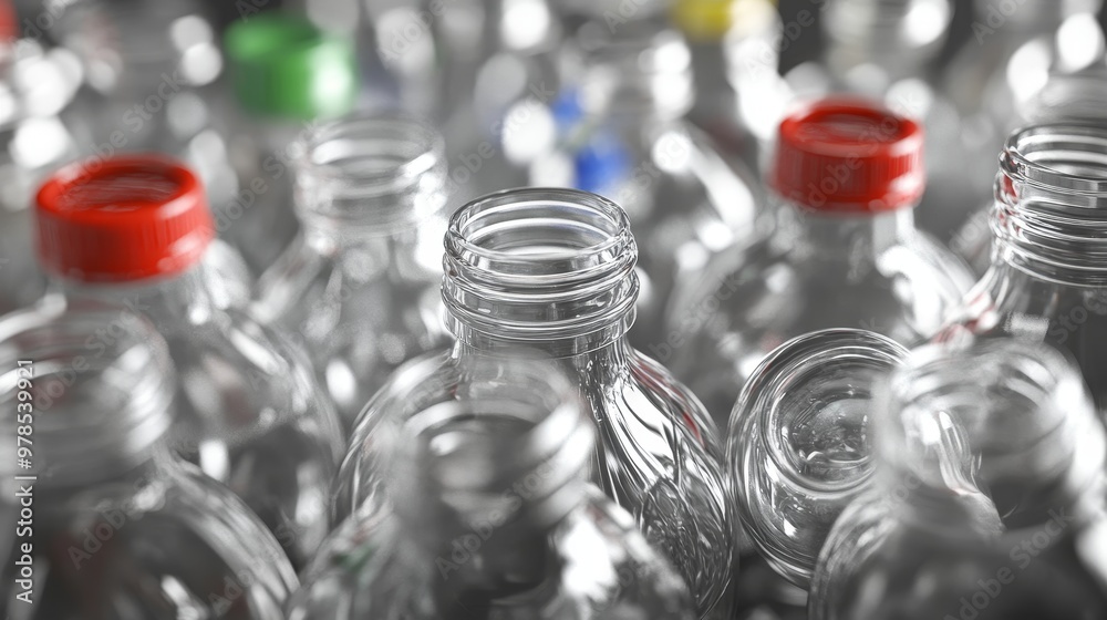 A close-up view of various plastic bottles showcasing different cap colors, perfect for recycling or environmental themes. A close-up view of various plastic bottles showcasing different cap colors, perfect for recycling or environmental themes.