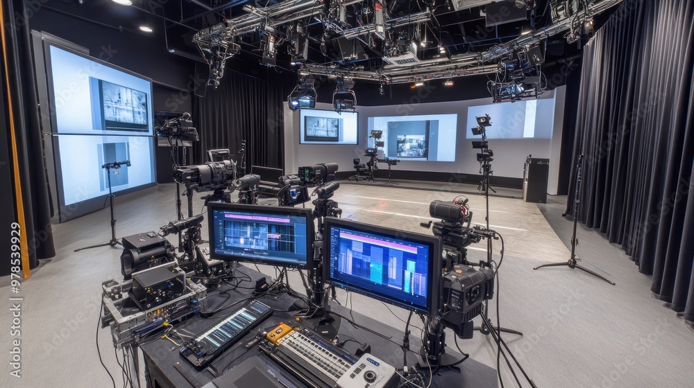 A modern studio setup with cameras and screens for video production. A modern studio setup with cameras and screens for video production.