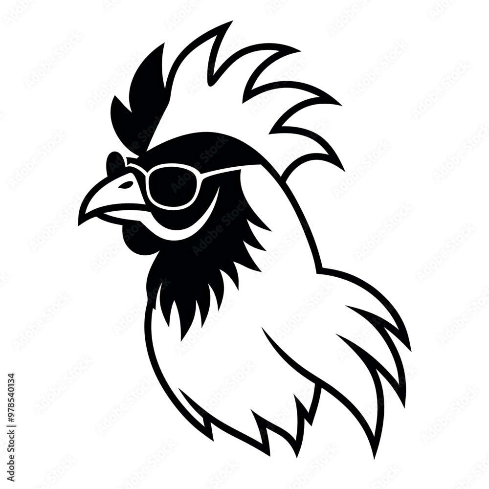 Fototapeta premium a black and white illustration of ‍a Rooster with sunglasses. its wings spread out and its head facing towards the left side of the image. It has a pair of sunglasses on its face