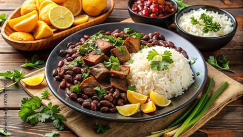 "Savory Brazilian-style feijoada made with beef, pork, and kidney beans, served with flavorful rice and crispy plantains, surrounded by scrambled eggs, fresh cilantro, and crispy tortilla chips."