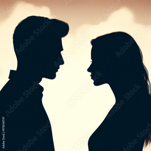 A couple silhouette background looking in different direction , in marriage clash and about to get divorce or to separate
 photo