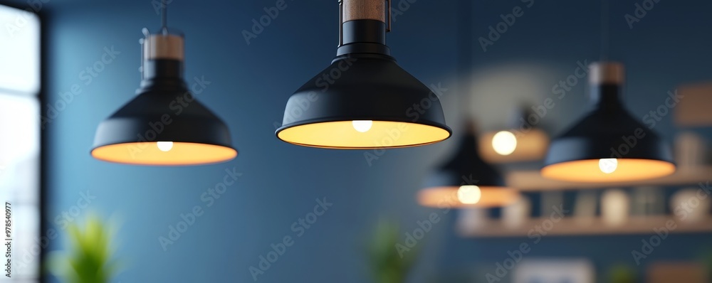 A modern interior scene featuring stylish pendant lamps illuminating a contemporary space with a blue wall. A modern interior scene featuring stylish pendant lamps illuminating a contemporary space with a blue wall.