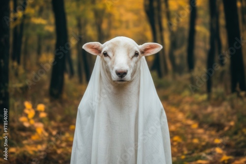 Sheep dressed in white cloth like a ghost in a forest with autumn foliage, perfect for Halloween themes or creative photo projects. photo