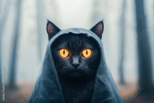 Mysterious black cat with glowing eyes wearing a hooded cloak in a foggy forest, creating an eerie and enchanting atmosphere. photo