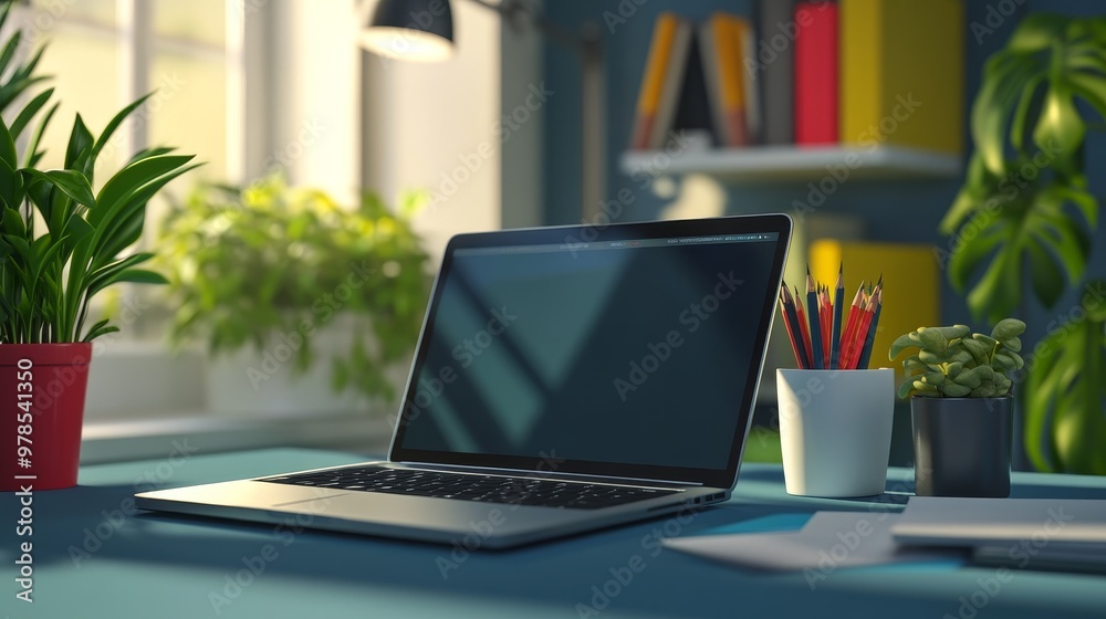 Fototapeta premium A modern workspace featuring a laptop, greenery, and organized stationery, perfect for home office inspiration and productivity.