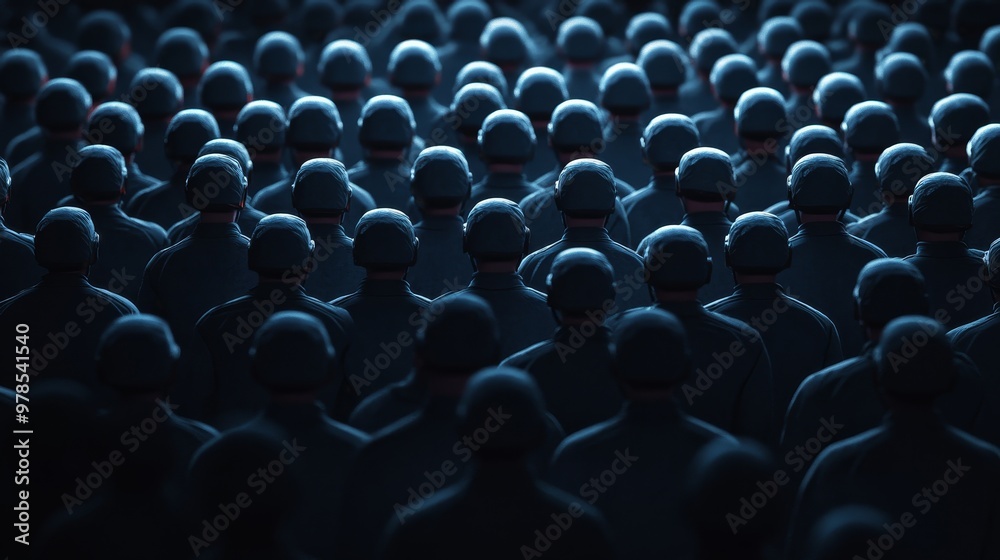 Obraz premium A sea of faceless figures in a dark environment, evoking mystery and a sense of anonymity in a modern context.