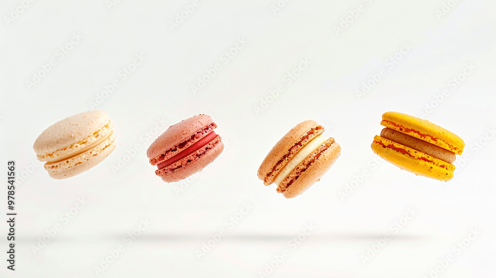 Obraz premium Advertisement of french sweets. Appetizing different taste macaroons fly in the air isolated on light white background. French dessert macaroon levitating in the air