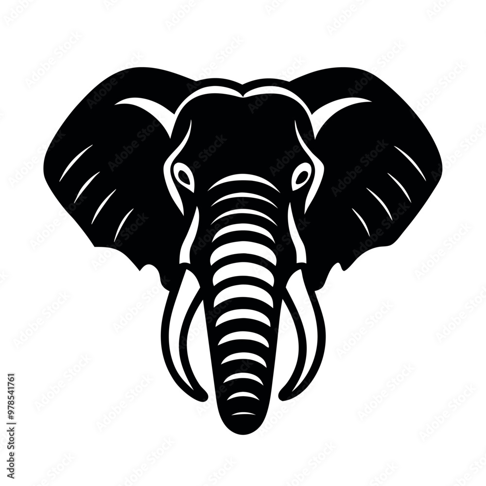 a black and white illustration of an elephant's head. The elephant has a large trunk with two tusks on either side. The head is facing towards the left side of the image and its eyes are large a black and white illustration of an elephant's head. The elephant has a large trunk with two tusks on either side. The head is facing towards the left side of the image and its eyes are large