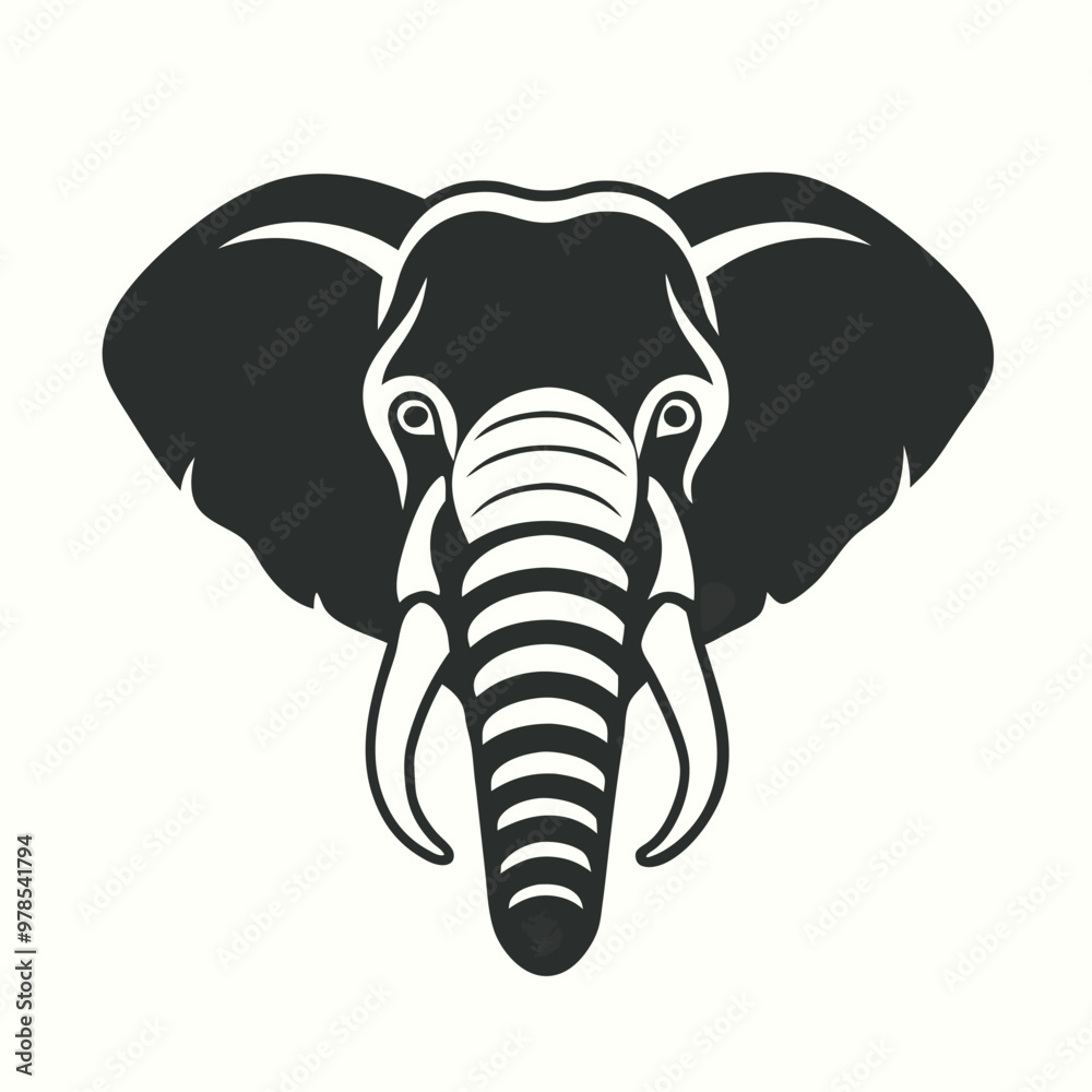 a black and white illustration of an elephant's head. The elephant has a large trunk with two tusks on either side. The head is facing towards the left side of the image and its eyes are large a black and white illustration of an elephant's head. The elephant has a large trunk with two tusks on either side. The head is facing towards the left side of the image and its eyes are large