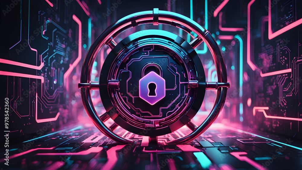 A futuristic, glowing lock symbol sits in the center of a neon-lit, circuit board backdrop, symbolizing cyber security.