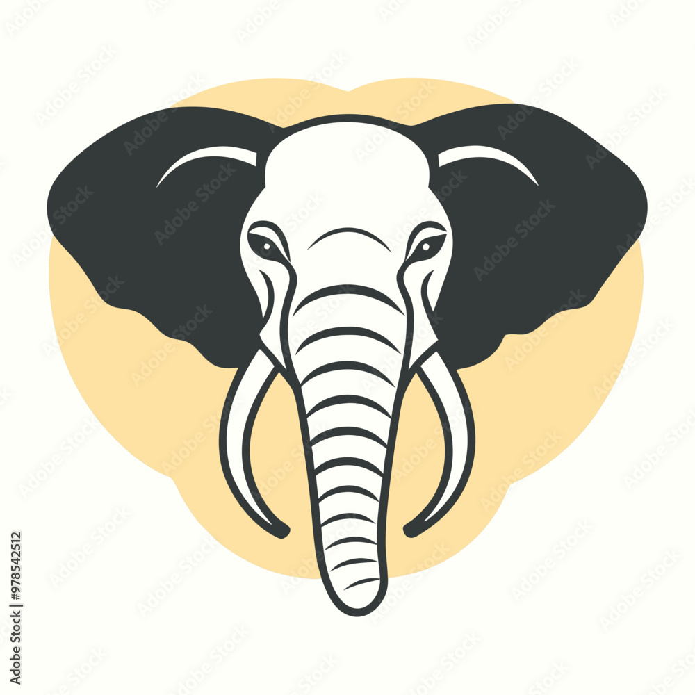 a black and white illustration of an elephant's head. The elephant has a large trunk with two tusks on either side. The head is facing towards the left side of the image and its eyes are large a black and white illustration of an elephant's head. The elephant has a large trunk with two tusks on either side. The head is facing towards the left side of the image and its eyes are large