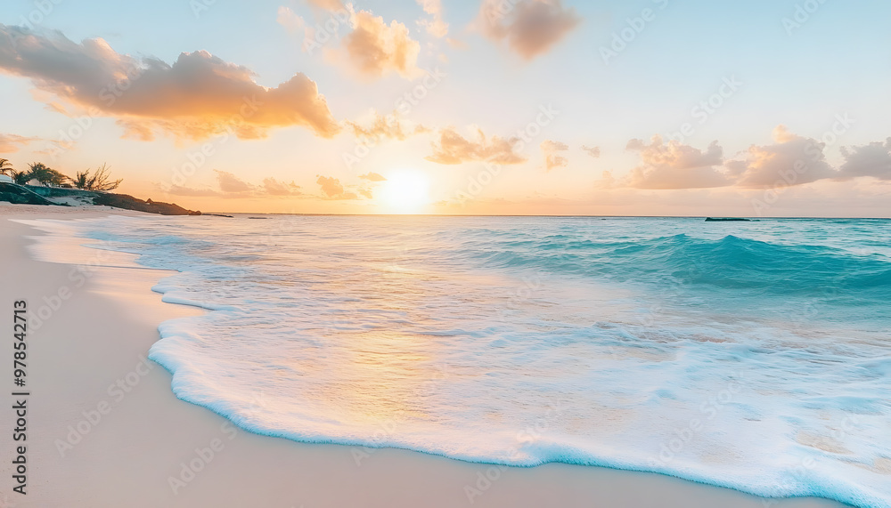 Crystal-clear turquoise waters with gentle waves lapping at a pristine beach under a golden sunset