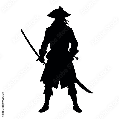 a black silhouette of a pirate standing with his back to the viewer. He is wearing a long coat and a cocked hat, and is holding a sword in his right hand