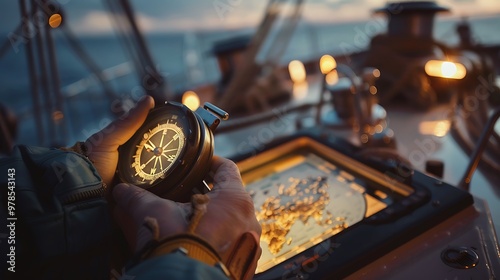 Close-up shot of a person's hands holding a compass on a sailing boat. The compass is in focus, while the background of the boat deck is blurred. photo