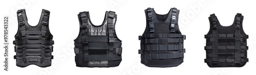 Various styles of tactical vests in black, showcasing diverse design features and functionalities.