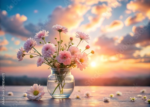 Softly glowing light pink hues envelop delicate petals on a tiny floral arrangement amidst wispy clouds, gentle sunshine, and whispered morning serenity. photo