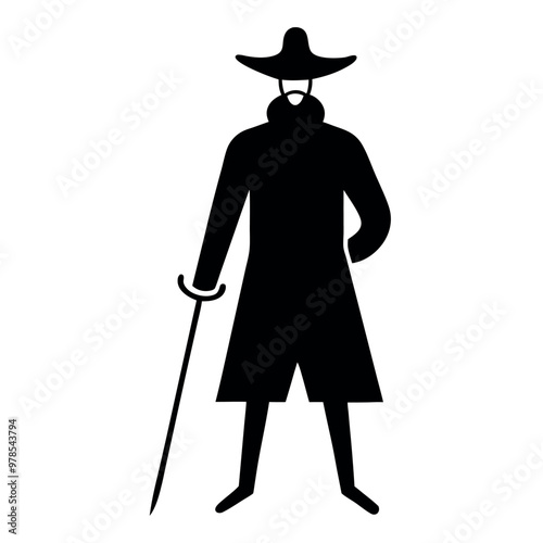 a black silhouette of a pirate standing with his back to the viewer. He is wearing a long coat and a cocked hat, and is holding a sword in his right hand
