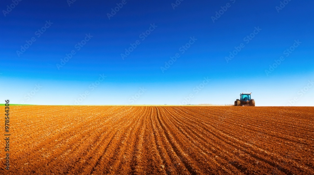 A tractor plowing a vast, brown field under a clear blue sky. A tractor plowing a vast, brown field under a clear blue sky.