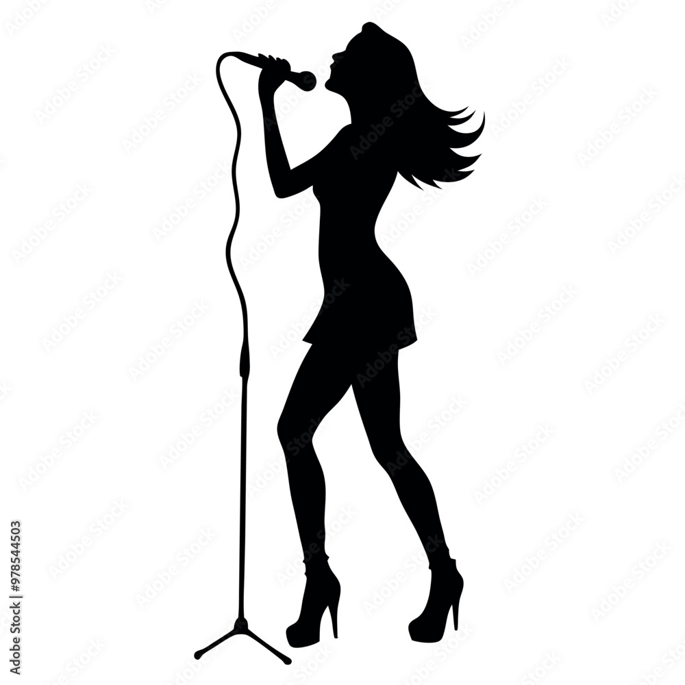 a woman singing into a microphone. She is standing on one leg with the other leg bent at the knee and her arms stretched out to the sides a woman singing into a microphone. She is standing on one leg with the other leg bent at the knee and her arms stretched out to the sides