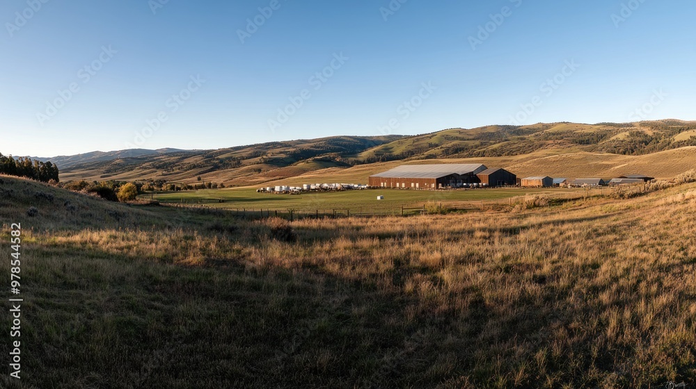 A panoramic view of a rural landscape featuring a barn and rolling hills under a clear sky. A panoramic view of a rural landscape featuring a barn and rolling hills under a clear sky.