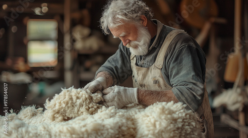 A sheep shearer carefully trimming the wool off a sheep photo