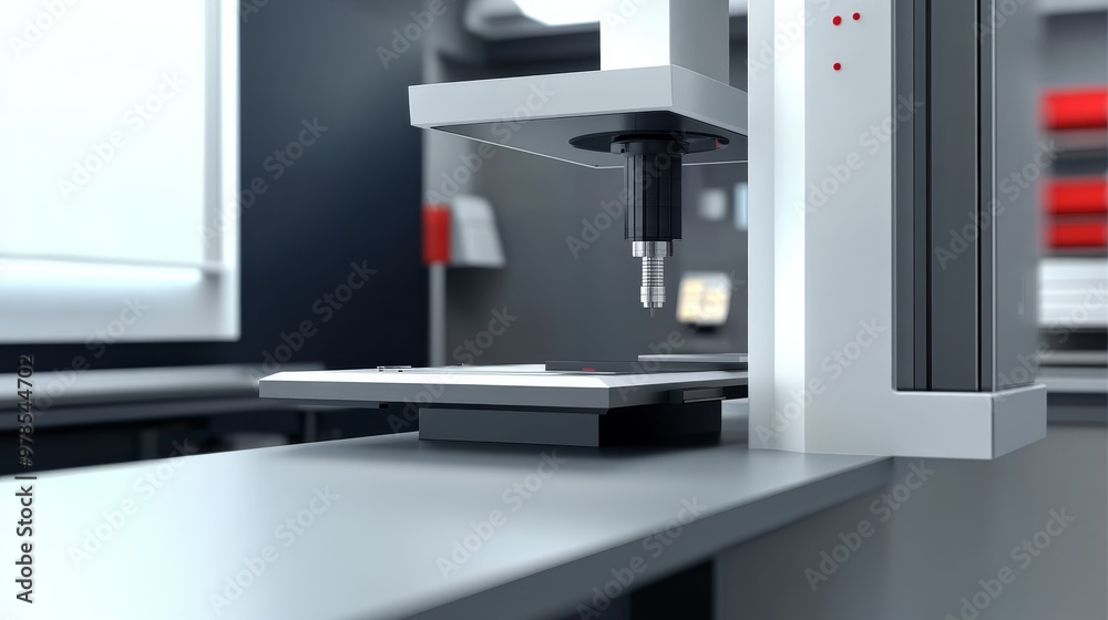 Close-up view of a modern laboratory machine performing precise measurements on a sample in a sleek workspace. Close-up view of a modern laboratory machine performing precise measurements on a sample in a sleek workspace.