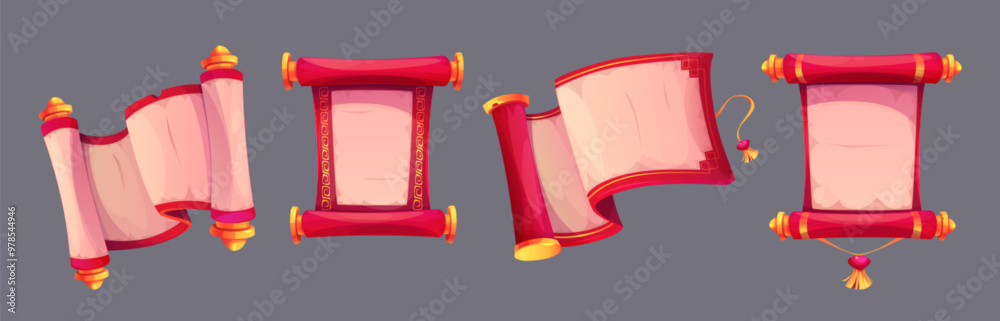 Chinese paper red scroll with golden holders, tassel and traditional ...