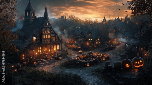 A picturesque village at dusk during the fall season is adorned with numerous jack-o'-lanterns and Halloween decorations. The scene captures a quaint, medieval town with charming timber-framed houses.