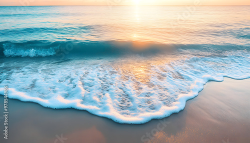 Crystal-clear turquoise waters with gentle waves lapping at a pristine beach under a golden sunset