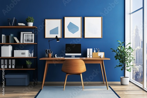 Modern home office with blue walls, wooden desk, and city view during daylight showcasing a productive workspace. Generative AI