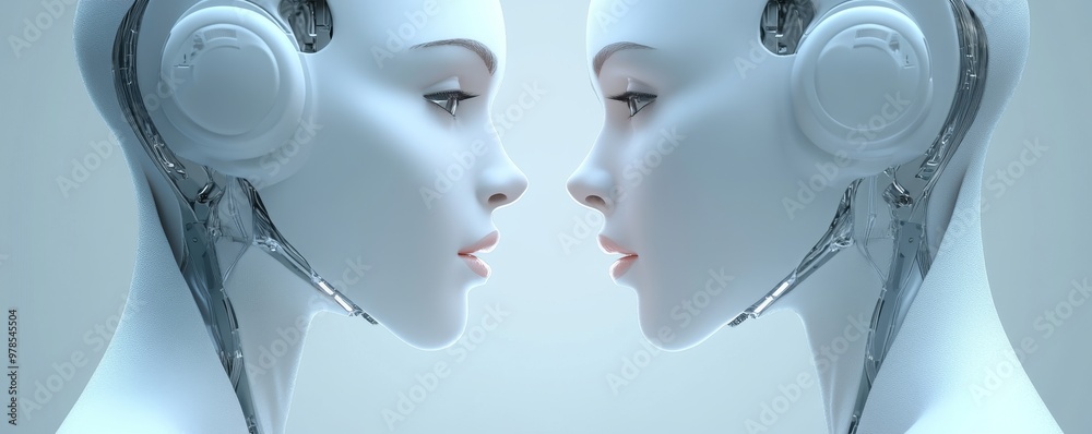 Futuristic robotic faces reflecting technology and innovation in a minimalistic design, symbolizing AI and human connection. Futuristic robotic faces reflecting technology and innovation in a minimalistic design, symbolizing AI and human connection.