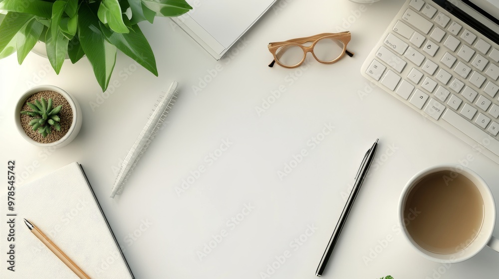 Minimalist workspace with plants, notebook, glasses, and coffee cup, perfect for study or office inspiration.