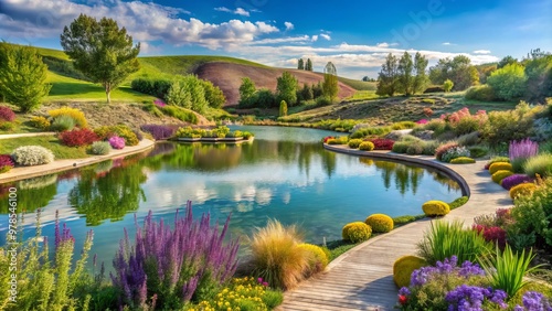 Peaceful blooms surround tranquil ponds and serene walking paths amidst stunning salt-crusted hills and scenic vistas at International Peace Garden