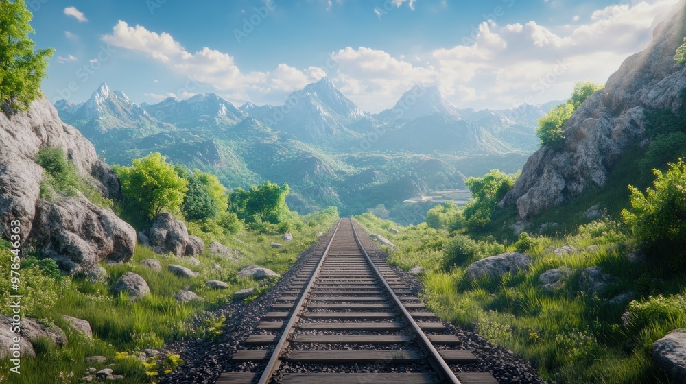 A scenic railway track leads through lush green mountains under a bright blue sky. A scenic railway track leads through lush green mountains under a bright blue sky.