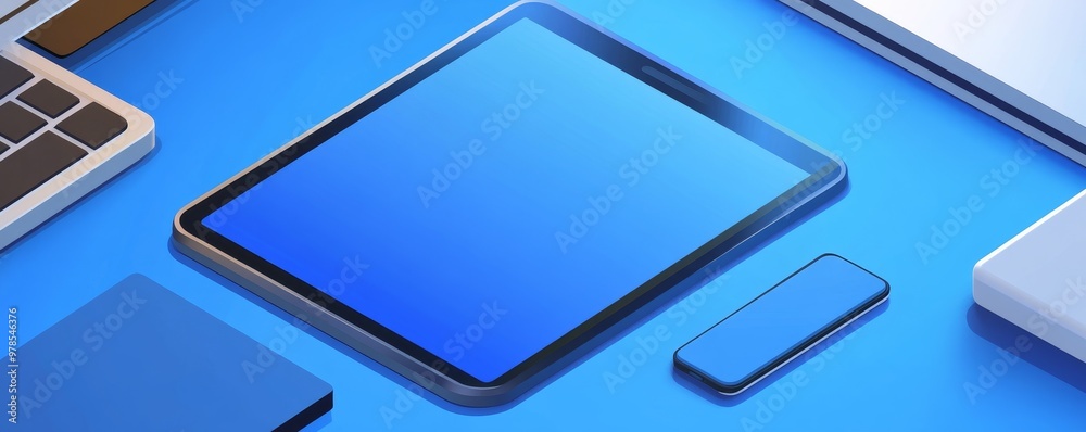Modern tablet and smartphone on a blue background, showcasing technology and contemporary design for digital use. Modern tablet and smartphone on a blue background, showcasing technology and contemporary design for digital use.