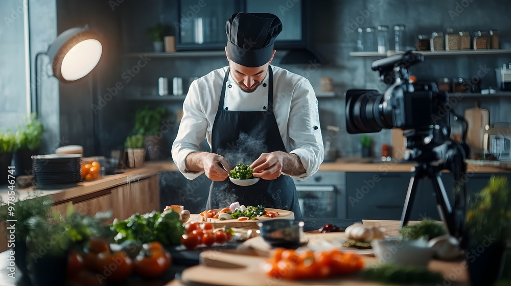 Professional Chef Recording Cooking Tutorials in a Sleek Modern Kitchen with and Lighting Setup Professional Chef Recording Cooking Tutorials in a Sleek Modern Kitchen with and Lighting Setup
