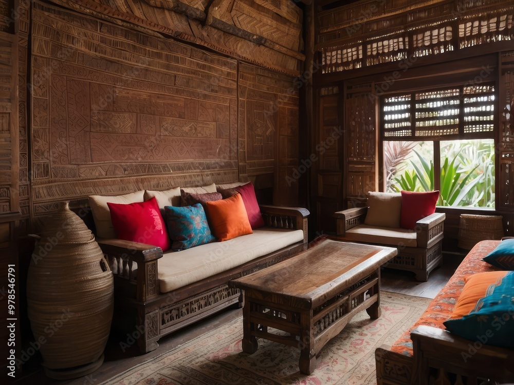 Ornate Wooden Living Room Interior with Carved Wall and Natural Light Ornate Wooden Living Room Interior with Carved Wall and Natural Light