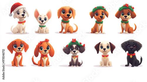 Cute cartoon dogs wearing festive accessories, perfect for holiday themes