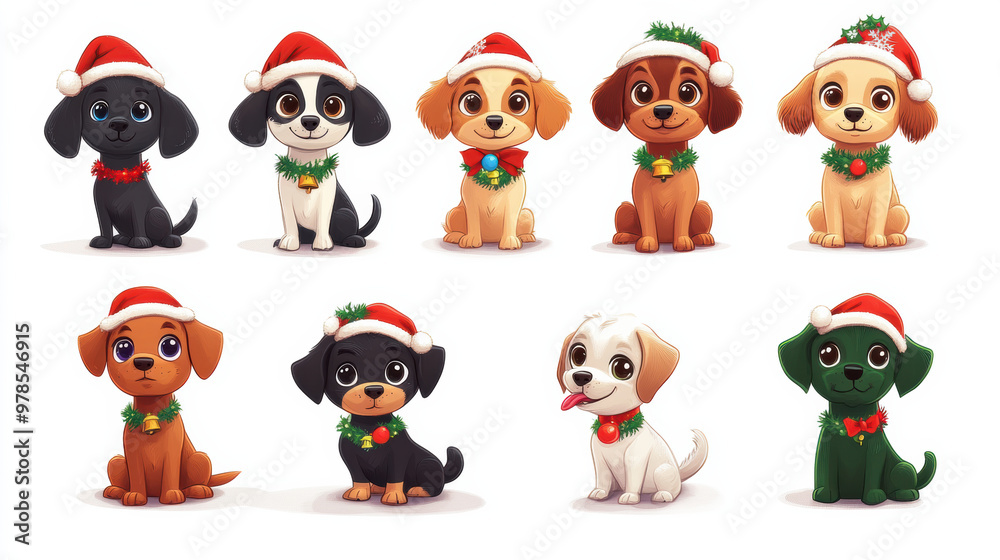 Cute cartoon dogs wearing Santa hats and festive collars, perfect for holiday cheer! Cute cartoon dogs wearing Santa hats and festive collars, perfect for holiday cheer!