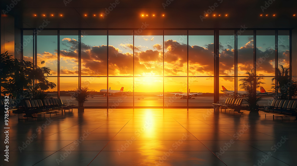 Airport Terminal with Sunset View, Planes on Runway, Golden Hour