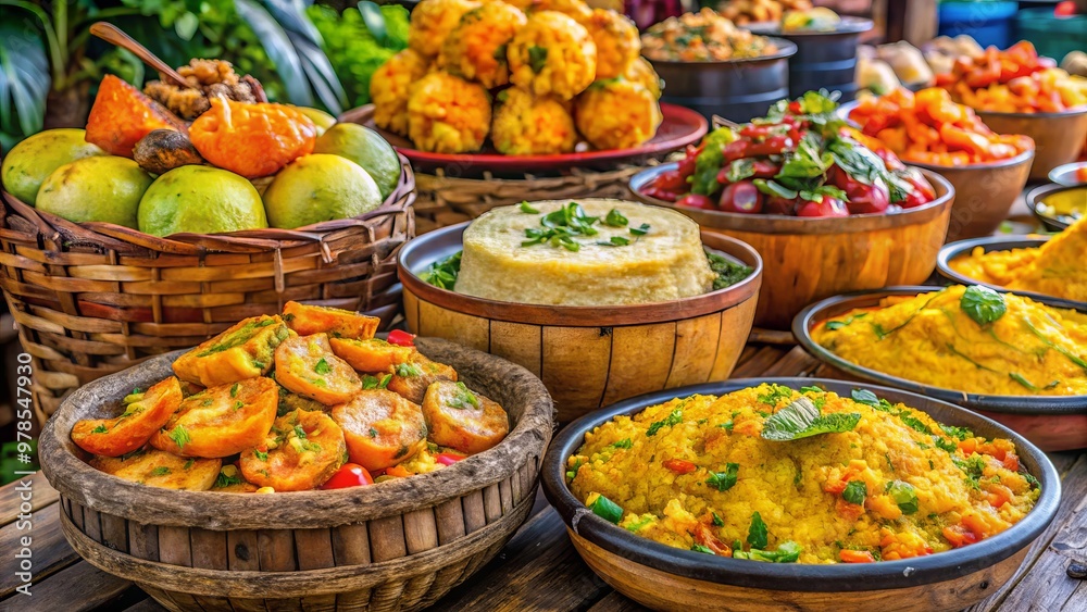 Mofongo with garlic shrimp, arroz con pollo, tostones, sweet plantains, mango salsa, and fresh coconut water on a colorful market stall in Santiago, Dominican Republic. Mofongo with garlic shrimp, arroz con pollo, tostones, sweet plantains, mango salsa, and fresh coconut water on a colorful market stall in Santiago, Dominican Republic.
