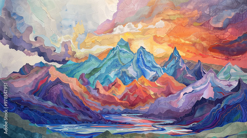 "Vibrant Peaks: Illustration of a Beautiful rainbow Mountain"