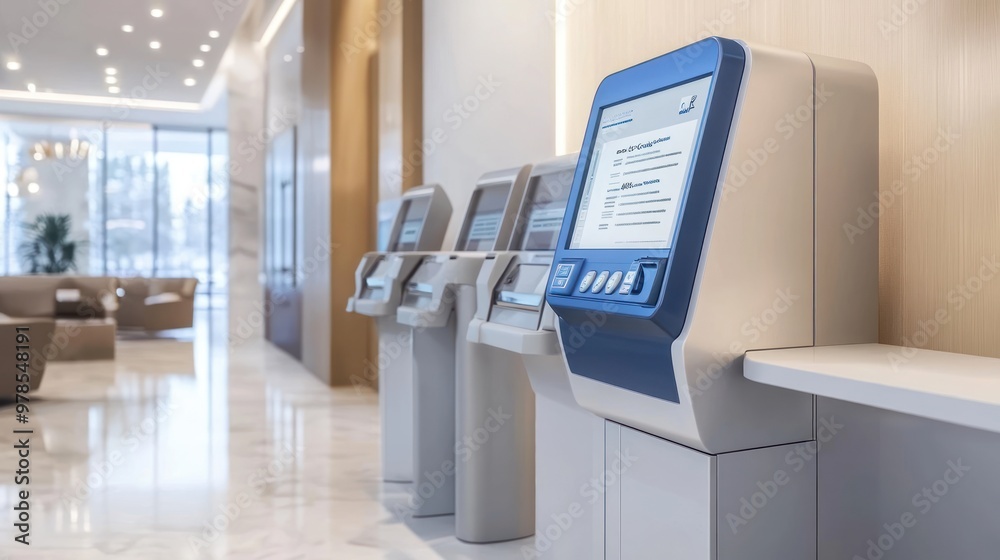 A row of self-service kiosks in a modern lobby area. A row of self-service kiosks in a modern lobby area.