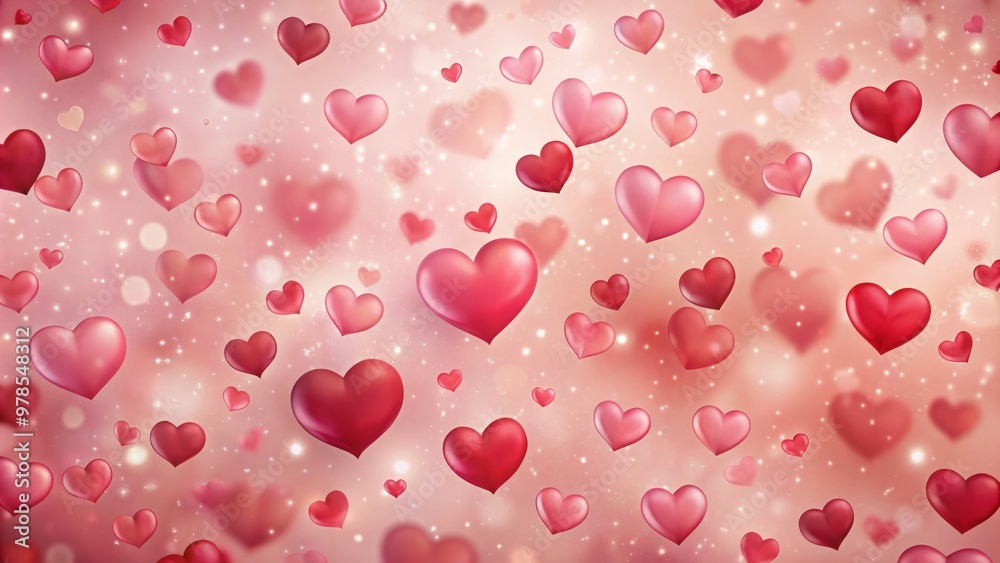 Soft pink background with scattered red hearts of varying sizes, some with subtle gradients, set against a subtle texture, evoking a sense of tenderness.