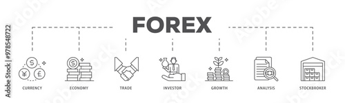 Forex infographic icon flow process which consists of currency, economy, trade, investor, growth, analysis and stockbroker icon live stroke and easy to edit 